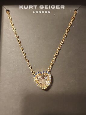 Kurt Geiger Gold Heart Necklace with Blue Crystal Halo